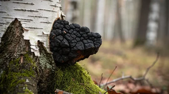 Fungo Chaga nero rugoso su tronco di betulla bianca in foresta