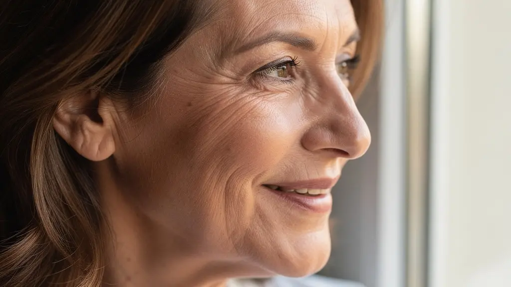 Dettaglio pelle luminosa donna matura con luce naturale diffusa
