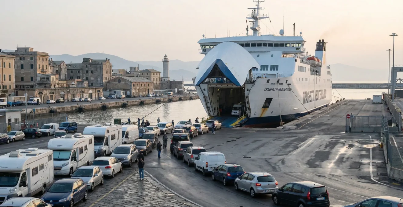 Automobili in fila per l'imbarco sul traghetto con la nave sullo sfondo nel porto italiano