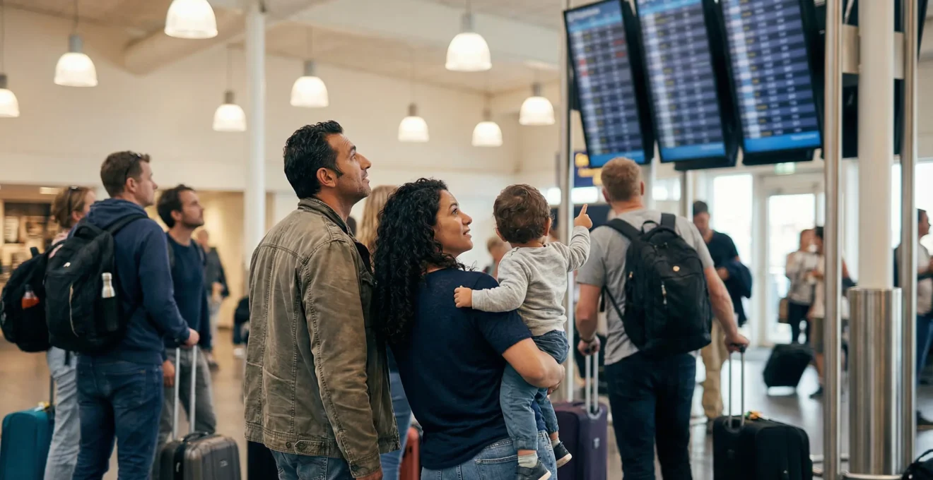 Famiglia italiana che osserva gli schermi delle partenze in un terminal traghetti moderno