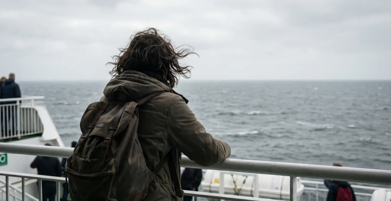 Viaggiatore di spalle che guarda il mare dal ponte esterno del traghetto durante la traversata verso la Corsica