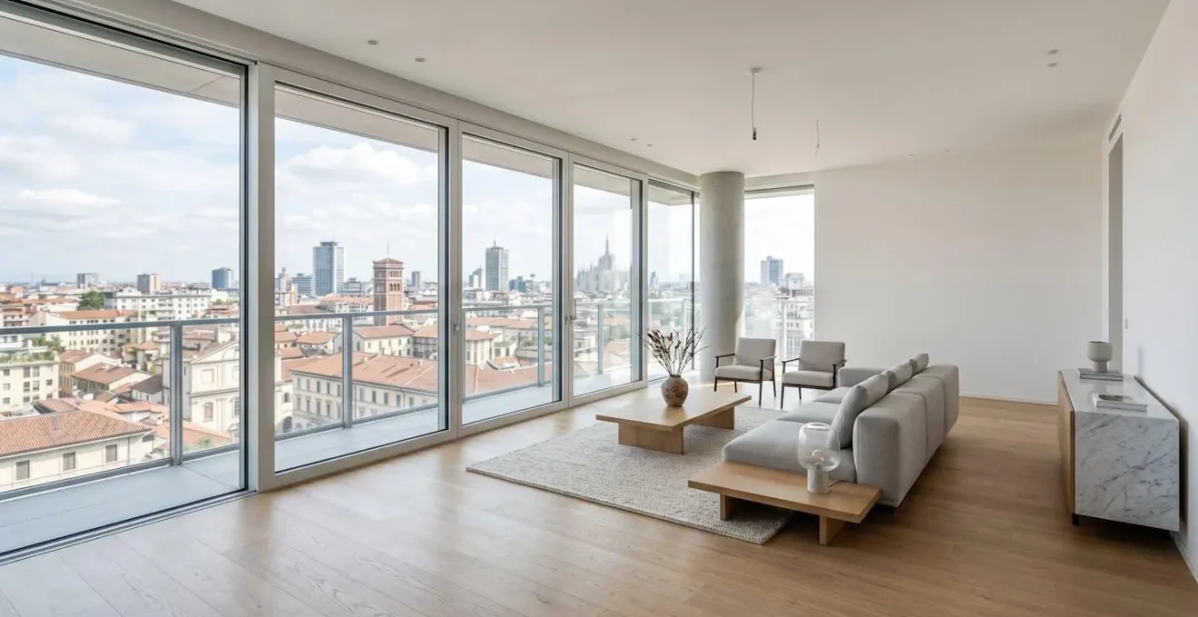 Interno vuoto di un appartamento contemporaneo milanese con ampio soggiorno luminoso, grandi finestre a tutta altezza con vista sfocata sull'architettura europea di Milano e arredamento design minimalista