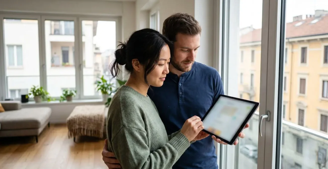 Una coppia internazionale vista di spalle consulta insieme una tablette digitale in un appartamento moderno milanese con ampie finestre luminose