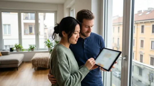 Una coppia internazionale vista di spalle consulta insieme una tablette digitale in un appartamento moderno milanese con ampie finestre luminose