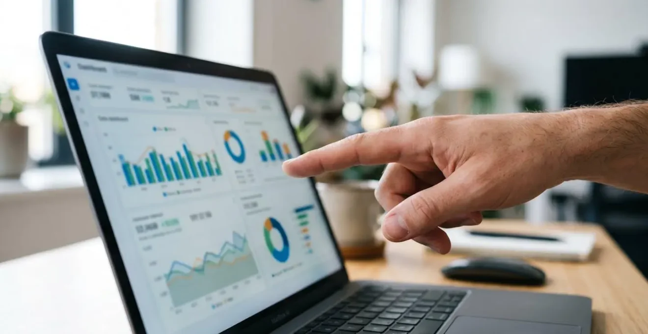 Una mano umana con gesto naturale punta il dito verso lo schermo di un laptop moderno che mostra dati statistici immobiliari sfocati su una scrivania contemporanea pulita