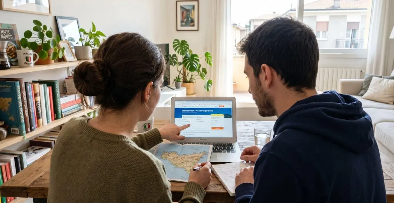 Una coppia vista di spalle osserva insieme lo schermo di un laptop aperto su un tavolo in un ambiente domestico moderno e luminoso