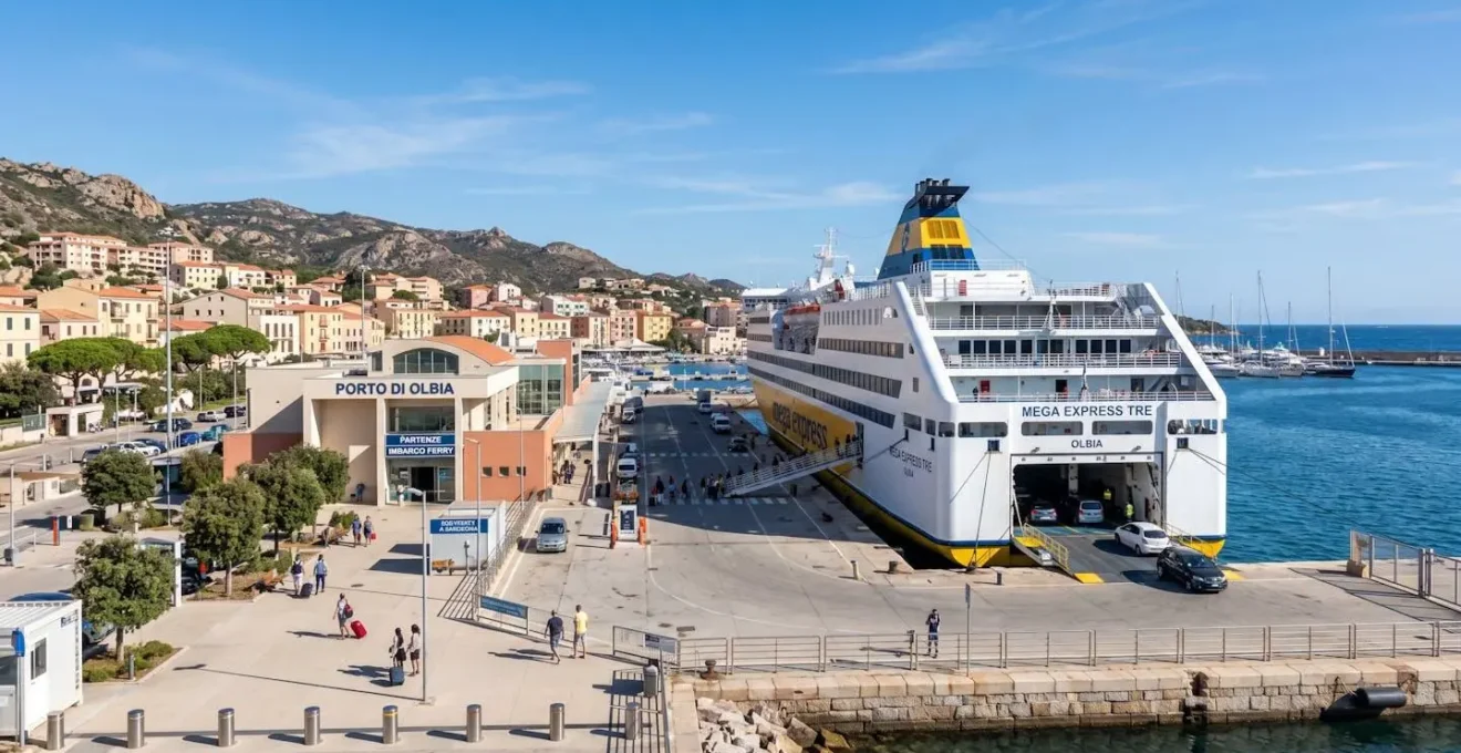 Vista panoramica di un grande traghetto passeggeri moderno attraccato in un porto italiano sotto un cielo azzurro