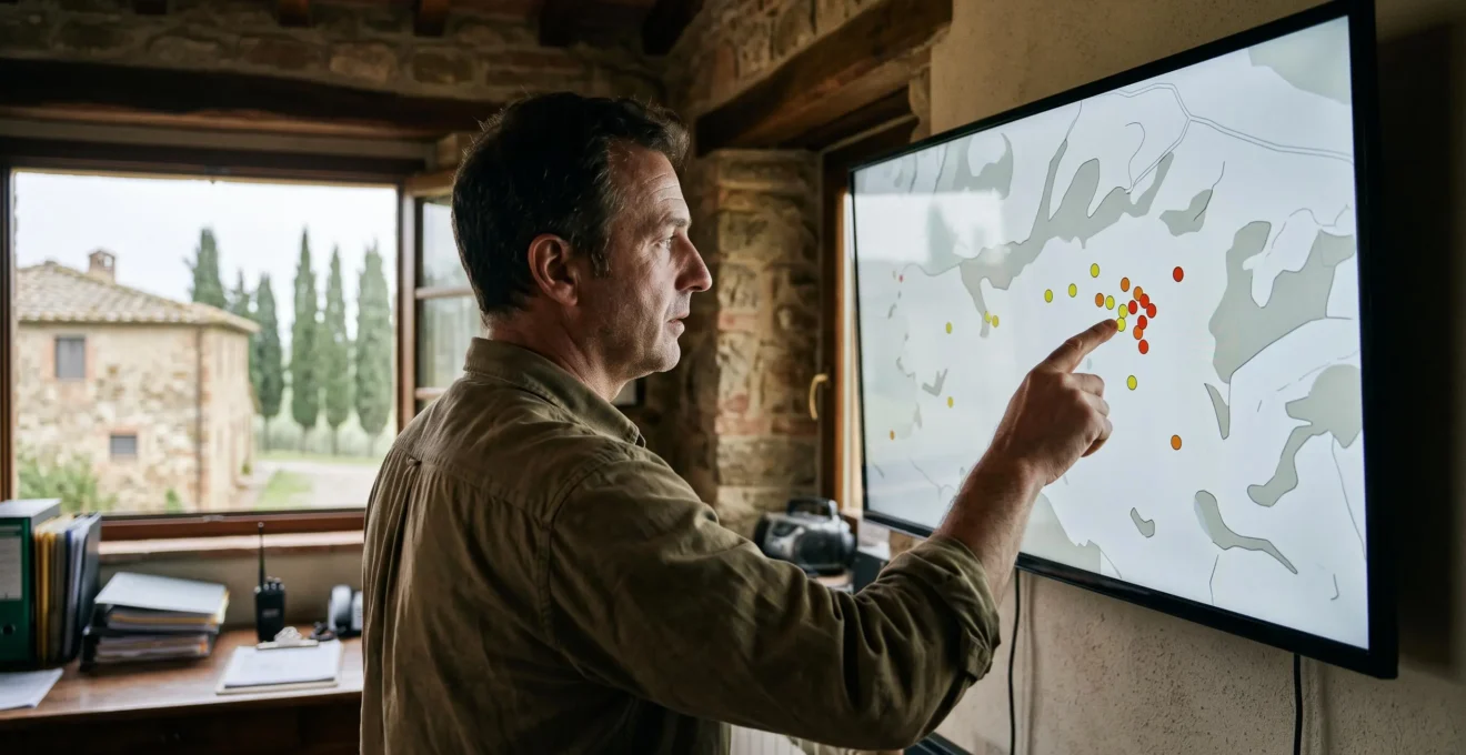 Un responsabile agricolo indica su un monitor i punti di allerta fulmini sulla mappa della propria zona.