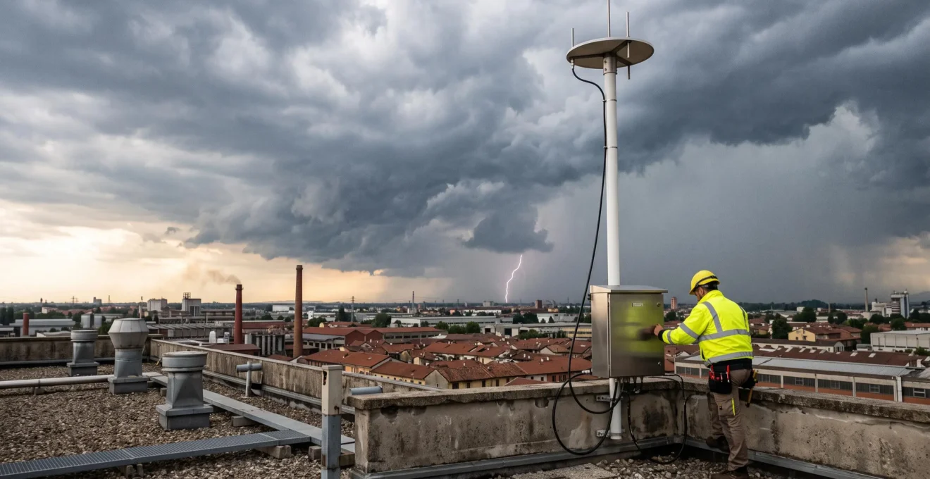 Un tecnico ispeziona una stazione di rilevamento dei fulmini sul tetto di uno stabilimento industriale mentre si avvicina un temporale.