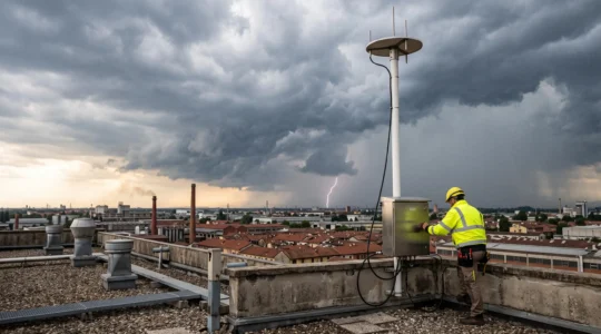 Un tecnico ispeziona una stazione di rilevamento dei fulmini sul tetto di uno stabilimento industriale mentre si avvicina un temporale.